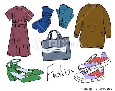 洋服やファッションアイテムの手書きイラストイメージ 73095365