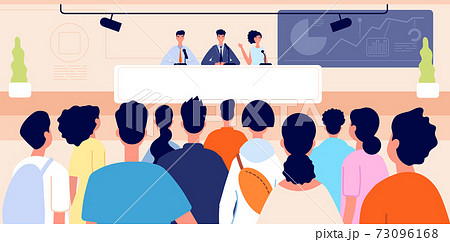 Press conference. Business event, congress hall with stage and auditorium. People on podium, audience on presentation utter vector concept Press conference. Business event, congress hall with stage and auditorium. People on podium, audience on presentation utter vector concept 73096168