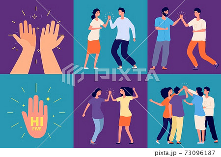 High five friends. Happy people greetings, smile woman man clap hands together. Applause or clapping, joyful teenagers vector characters High five friends. Happy people greetings, smile woman man clap hands together. Applause or clapping, joyful teenagers vector characters 73096187