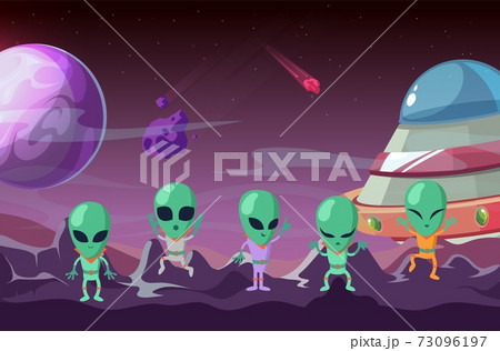 Aliens on planet. Colonization planet, spaceship and ufo. Cartoon universe background, game location or kids banner vector template Aliens on planet. Colonization planet, spaceship and ufo. Cartoon universe background, game location or kids banner vector template 73096197