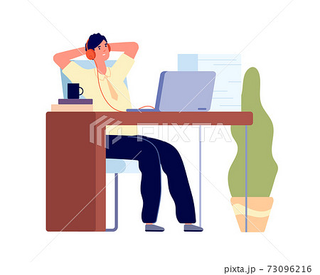 Lazy manager. Business concept, man procrastination at work. Busy male listen music, tired bored guy in anticipation utter vector character Lazy manager. Business concept, man procrastination at work. Busy male listen music, tired bored guy in anticipation utter vector character 73096216