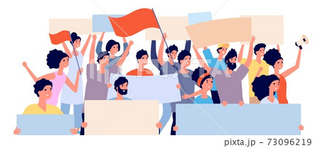 Protest demonstration. Politic revolution, angry people crowd with flags and placards. Human cheers, public patriot meeting utter vector concept 73096219