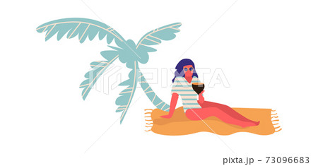 People at beach. Cartoon woman lie on sand under palm tree. Female in swimwear and sunglasses hold tropical cocktail. Rest on seaside, outdoor vacation. Vector minimalist illustration 73096683