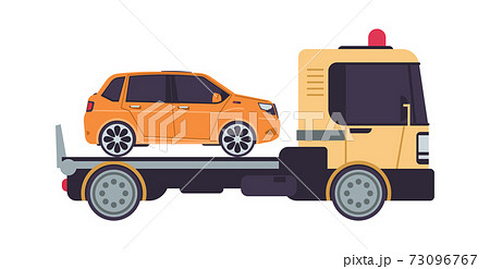 Tow truck. Cartoon evacuator. Side view of lorry carries automobile in trunk. Transportation faulty car. Vehicle for auto evacuation. Workshop service advertising, vector illustration Tow truck. Cartoon evacuator. Side view of lorry carries automobile in trunk. Transportation faulty car. Vehicle for auto evacuation. Workshop service advertising, vector illustration 73096767