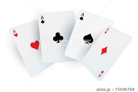 Playing poker cards. Realistic fan of aces. Square white cardboards. Black and red suit signs. Equipment for casino. Combination in gambling. Risky games and bet, vector illustration Playing poker cards. Realistic fan of aces. Square white cardboards. Black and red suit signs. Equipment for casino. Combination in gambling. Risky games and bet, vector illustration 73096769