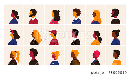 People profile. Cartoon multiethnic man and women character user avatars, trendy minimal person side view collection. Male and female old and young age vector different race simple set 73096819