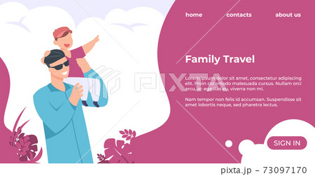 Family travel landing page. Man holding kid on shoulder. Father and son resting at resort. Online vacation service. Website interface design with buttons and text. Vector web template 73097170
