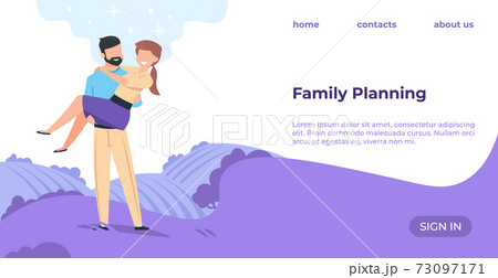 Family planning landing page. Cartoon happy couple, husband holding wife. Website interface with text and buttons. Online information service for future parents. Vector web mockup design 73097171