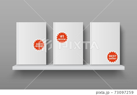 Realistic bookshelf with books. 3D textbooks in blank hard cover with stickers. Publications presentation. Bookstore advertising mockup. Bestseller badges. Vector literature template 73097259