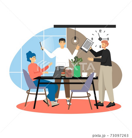 Coffee shop. Happy men and woman drinking coffee, talking to each other, flat vector illustration. Business team meeting 73097263