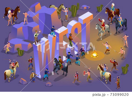American Wild West History and isometric word West. American indians wars. Illustration isometric icons on isolated background 73099020