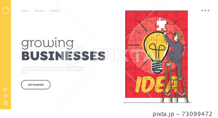 Task Solution and Problem Solving Landing Page Template. Business Man Assemble Huge Puzzle Pieces with Light Bulb Idea Task Solution and Problem Solving Landing Page Template. Business Man Assemble Huge Puzzle Pieces with Light Bulb Idea 73099472