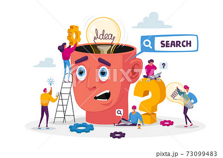 Tiny Characters around Huge Head with Light Bulb. Business Team Search Insight for Project Development. Searching Idea 73099483
