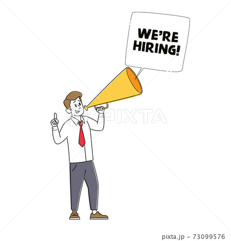 We are Hiring, Recruiting, Head Hunting Concept. Manager Character Search Employee Hire on Job Using Megaphone 73099576