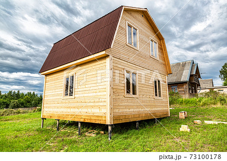 New small wooden house under construction at the village 73100178