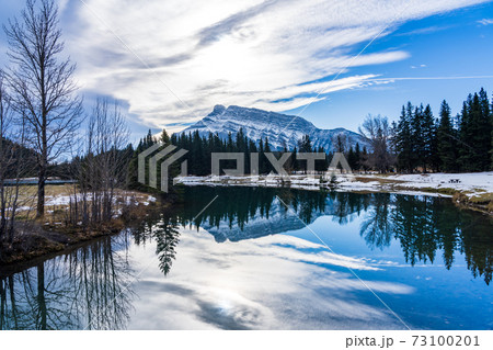 Cascade Ponds park in autumn sunny day, snow-covered Mount Rundle reflection on the water surface. Banff National Park, Canadian Rockies, Alberta, Canada. 73100201