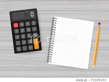 Notepad and pencil and coffee on white wood background. Vector stock illustration. Notepad and pencil and coffee on white wood background. Vector stock illustration. 73100354