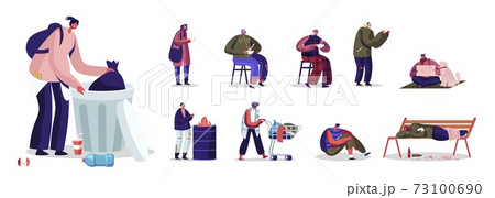 Set of Homeless Male and Female Characters, Men and Women Beggars Wearing Ragged Clothing Pick Up Garbage on Street 73100690