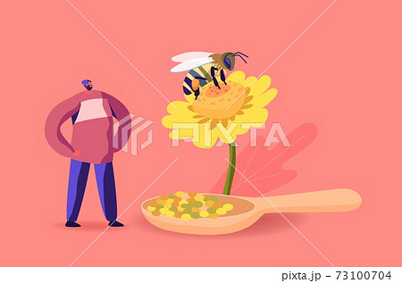 Tiny Male Character Stand at Huge Flower with Bee Collecting Flower Pollen for Making Propolis. Healthy Organic Apiary 73100704