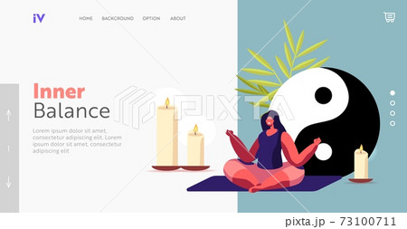 Female Character Meditate with Feng Shui Symbols Landing Page Template. Woman Meditating in Lotus Pose, Yoga, 73100711