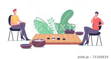 Traditional Chinese Gobang Strategy Game. Male Characters Playing or Go Game Board with Typical Course and Two Bowls Traditional Chinese Gobang Strategy Game. Male Characters Playing or Go Game Board with Typical Course and Two Bowls 73100839