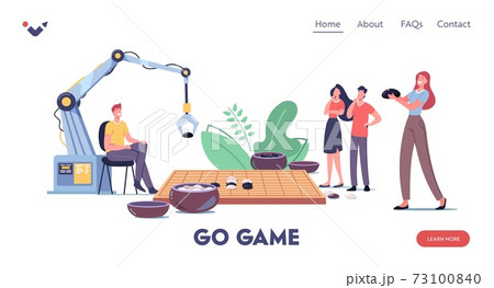 Chinese Strategy Game Landing Page Template. Characters and Robot Playing Gobang or Go Game Board with Typical Course 73100840