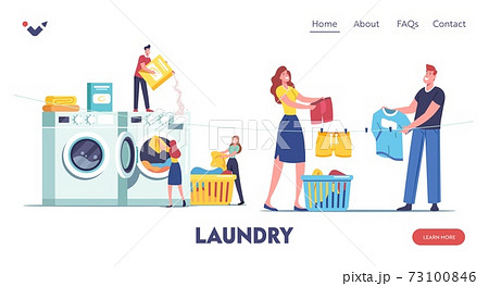 Tiny Characters Visiting Laundry Landing Page Template. People Loading Dirty Clothes to Huge Washing Machine, Laundrette 73100846