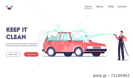 Car Wash Service Landing Page Template. Worker Character Wearing Uniform Pouring Automobile with Water Jet Car Wash Service Landing Page Template. Worker Character Wearing Uniform Pouring Automobile with Water Jet 73100862