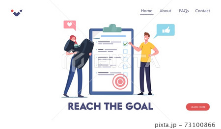 Task Completed Landing Page Template. Tiny Male Female Characters with Stamp Stand at Checklist Put Marks in Check Boxes 73100866