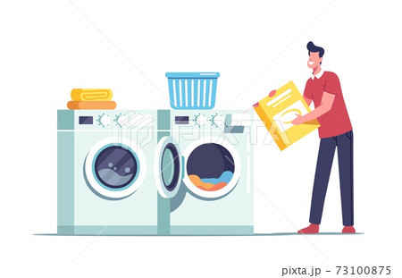 Male a Character in Public Laundry or Home Bathroom Loading Dirty Clothing and Detergent Powder to Laundromat 73100875
