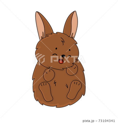 Cute brown bunny is on his back, rabbit is smiling and happy, eyes are closed 73104341