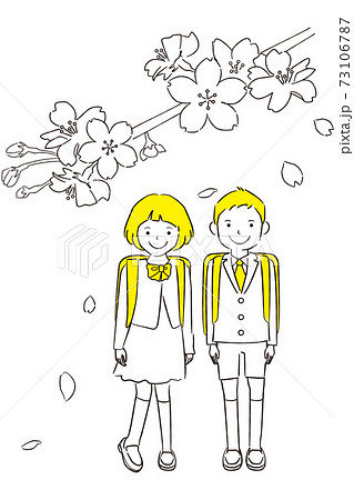 手描き1color 　入学式　桜とランドセルを背負った男の子と女の子 73106787