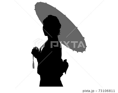 和傘をさして佇む上半身和服女性シルエットのイラスト素材