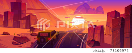 Car driving road at sunset desert canyon landscape 73106972