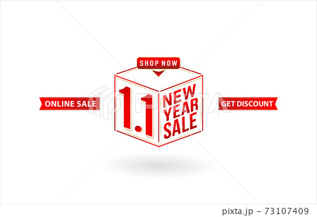 1.1 sale, 1.1 online sale, New Year Sale, gift box with sale cube model number sign red ribbon with isolated background, online shop sign, for poster, flyer, social media banner, label promotion store 73107409