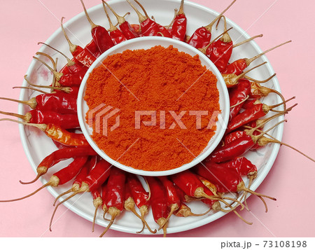 red hot spicy chili peppers on plate 73108198
