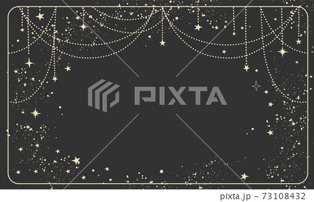 Black magic background with stars and space decor with copy space. Mock-up for astrology, banner for the witch. Divine boho design, hand drawn vector illustration, vintage style. 73108432