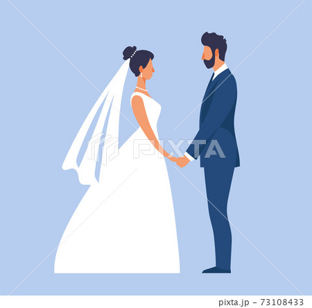 The groom in a suit and the bride in a wedding dress, a couple in love in elegant outfits. Vector illustration in flat style for design of invitations, cards, wedding decor. 73108433