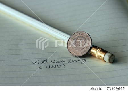 Two hundred Vietnam Dong coin on obverse (VND) with white pencil on the book. 73109665