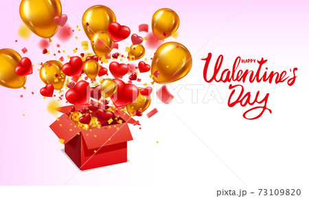 Happy Valentines day gift box open present with flying hearts, ballons gold and bright rays of light, burst explosion. Happy Valentines day gift box. Vector illustration poster, banner, card, isolated Happy Valentines day gift box open present with flying hearts, ballons gold and bright rays of light, burst explosion. Happy Valentines day gift box. Vector illustration poster, banner, card, isolated 73109820