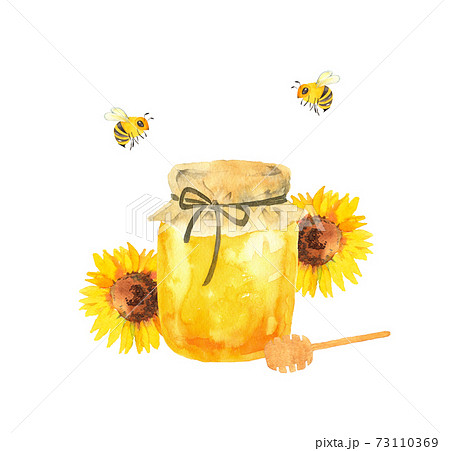 ハチミツとミツバチとヒマワリの水彩イラストのイラスト素材