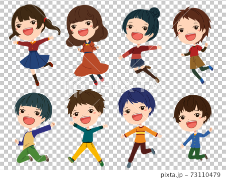 Illustration set of smiling girls and boys jumping - Stock Illustration ...