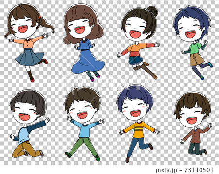 ジャンプしている笑顔の女の子と男の子のイラストセットのイラスト素材