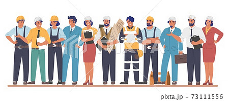 Building workers and engineers cartoon characters, flat vector illustration. Construction industry. Building workers and engineers cartoon characters, flat vector illustration. Construction industry. 73111556