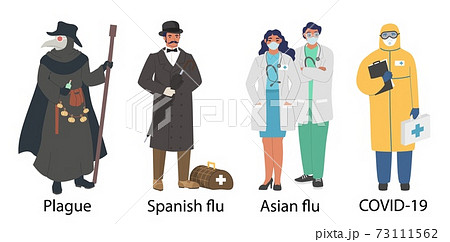 World pandemic doctor cartoon character set, flat vector illustration. Plague, spanish and asian flu, Covid-19 pandemic. 73111562
