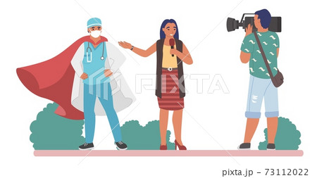 Interview with doctor superhero in red cape and medical mask, flat vector illustration. Live reportage. Interview with doctor superhero in red cape and medical mask, flat vector illustration. Live reportage. 73112022