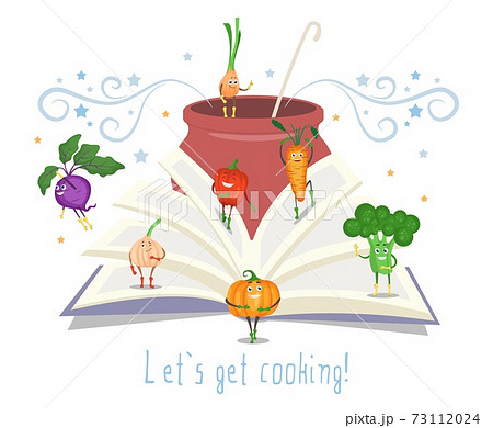 Open recipe book, pot with ladle, cute vegetables, flat vector illustration. Cooking book. 73112024