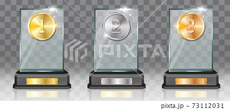 Acrylic glass trophy award mockup set, vector illustration isolated on transparent background. 73112031