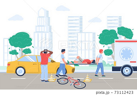 Bicycle accident cyclist collision with car, emergency care, vector flat illustration Bicycle accident cyclist collision with car, emergency care, vector flat illustration 73112423