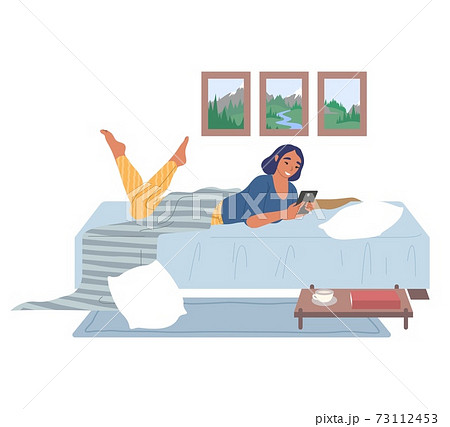Young woman lying on the bed with mobile phone, flat vector illustration Young woman lying on the bed with mobile phone, flat vector illustration 73112453